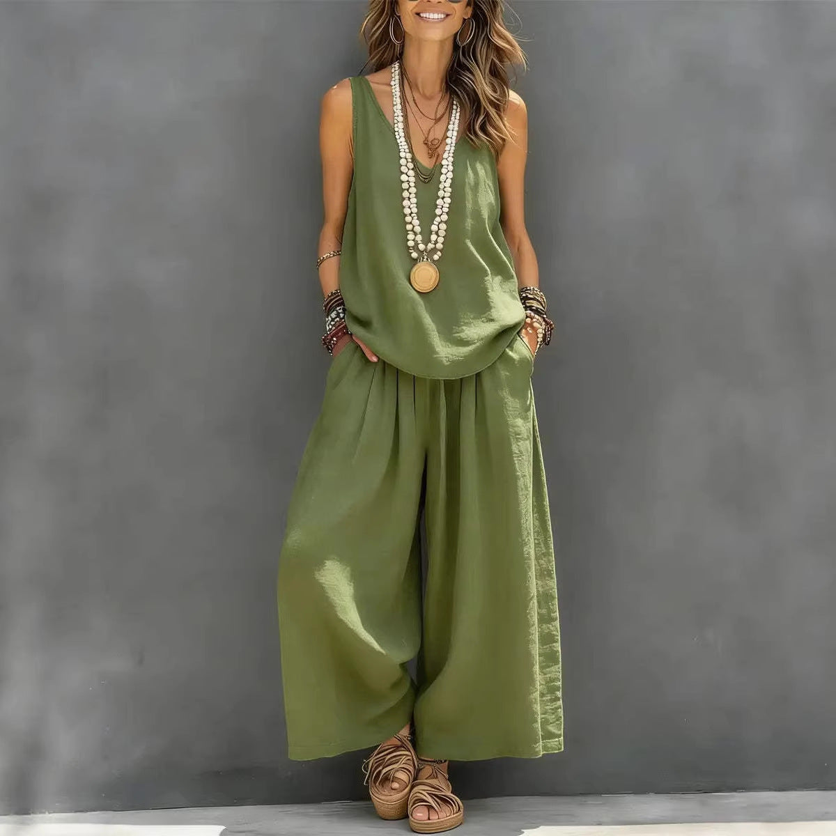 Ensemble débardeur sans manches et pantalon large en coton et lin pour femme