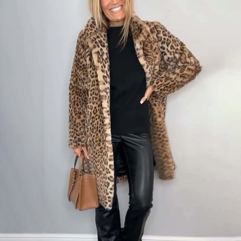 Veste mi-longue doublée polaire imprimé léopard – Coupe ample et confortable