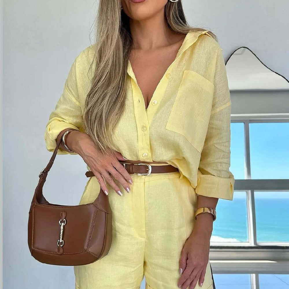 Ensemble décontracté femme chemise manches longues et short – 2 pièces en coton