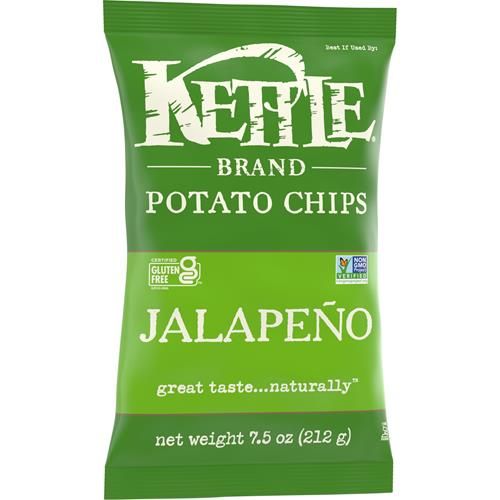 Croustilles de pommes de terre bouilloire saveur Jalapeño de marque Kettle, sans gluten, sans OGM, sac de 212 g