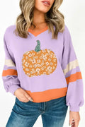 Sweat-shirt manches color block motif citrouille florale bouquet orchidée