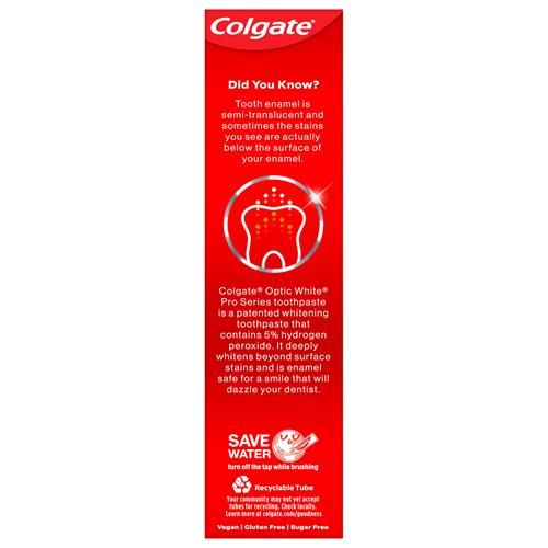 Dentifrice blanchissant Colgate Optic White Pro Series avec 5 % de peroxyde d'hydrogène, prévention des taches, tube de 85 g, paquet de 2