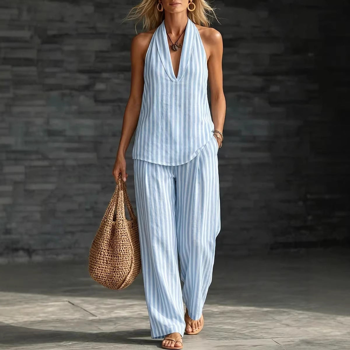 Ensemble Débardeur Rayé & Pantalon Large Femme – Tendance 2 Pièces