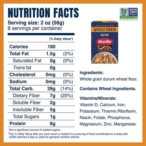 Pâtes Rotini Barilla Blé Entier, Boîte de 450 g - Pâtes sans OGM fabriquées avec 100 % de blé dur entier - Excellente source de fibres