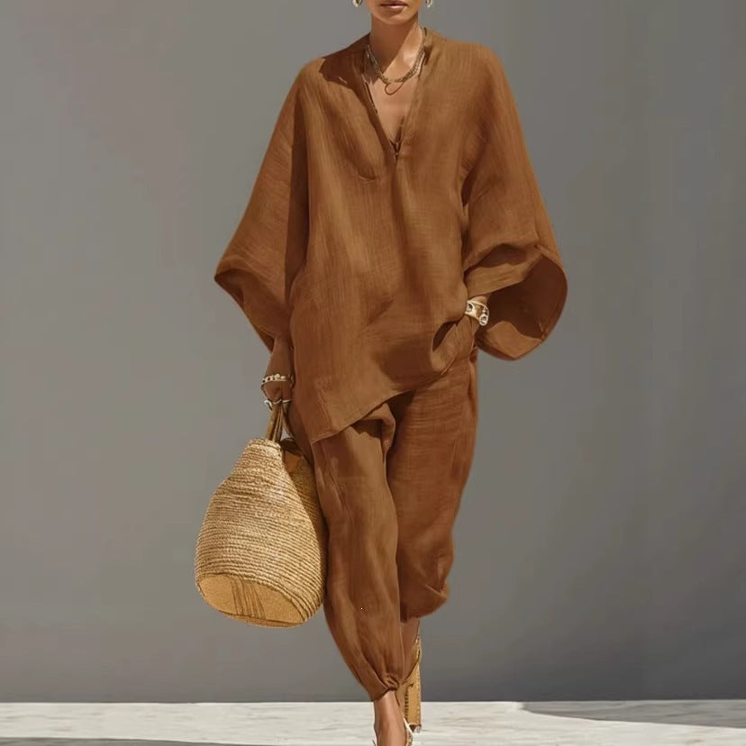 Ensemble deux pièces chemise ample et pantalon court pour femme – Coordonné décontracté vintage