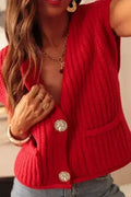 Gilet sans manches en maille texturée rouge flamboyant avec poches latérales et boutons