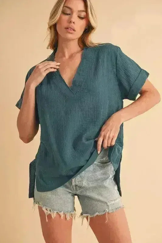 Blouse fendue à encolure en V - Haut chic 100 % coton | Femstylo