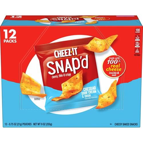 Cheez-It Snap'd Croustilles au fromage, croustilles minces, collations pour le déjeuner, cheddar, crème sure et oignon, boîte de 255 g (12 sachets)