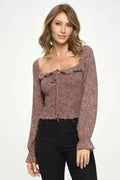 Haut floral froncé à manches longues - Blouse à col volanté Mauve et Moutarde | Femstylo