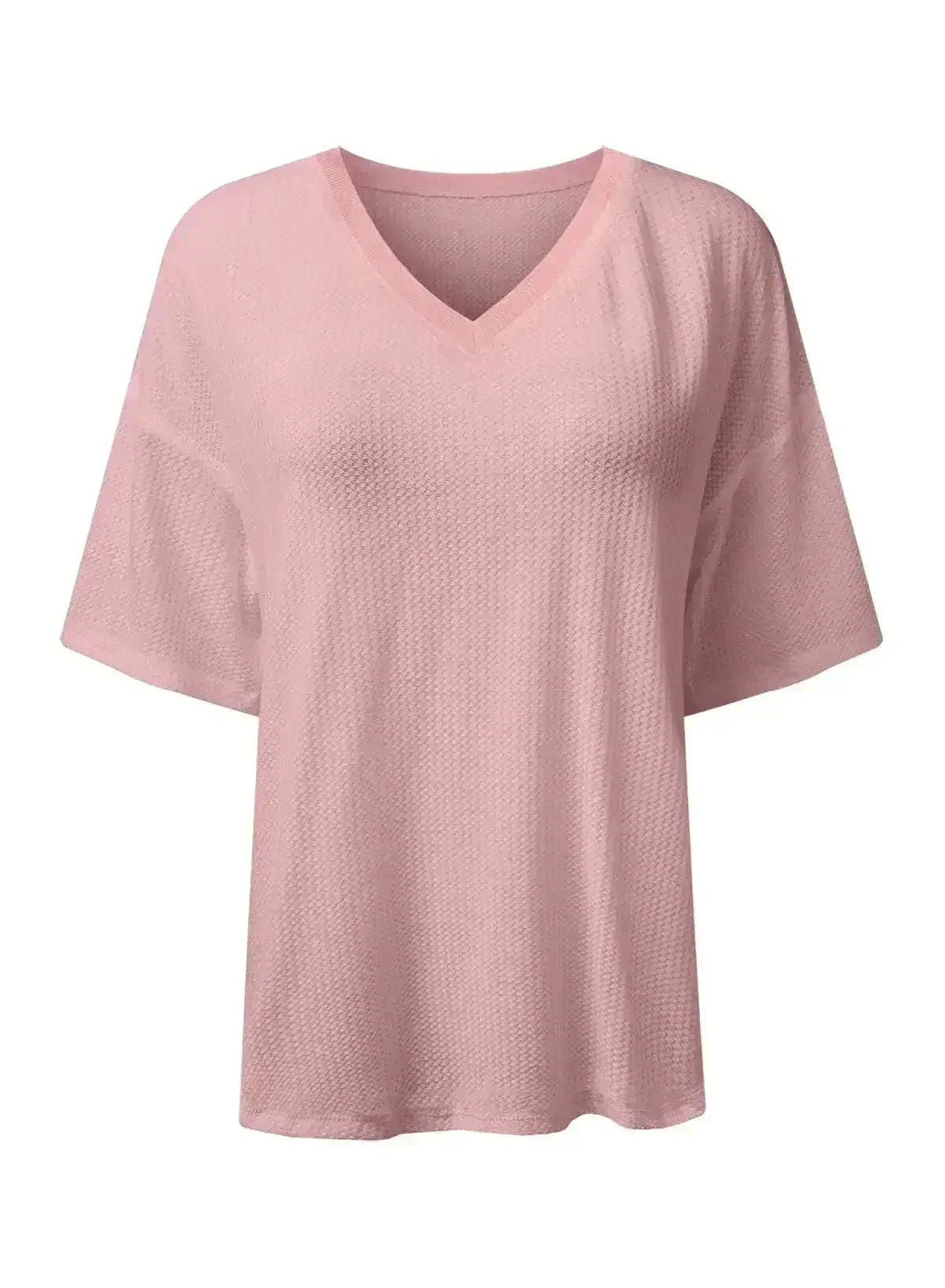 White Waffle Texture V Neck Drop Shoulder Loose Tee