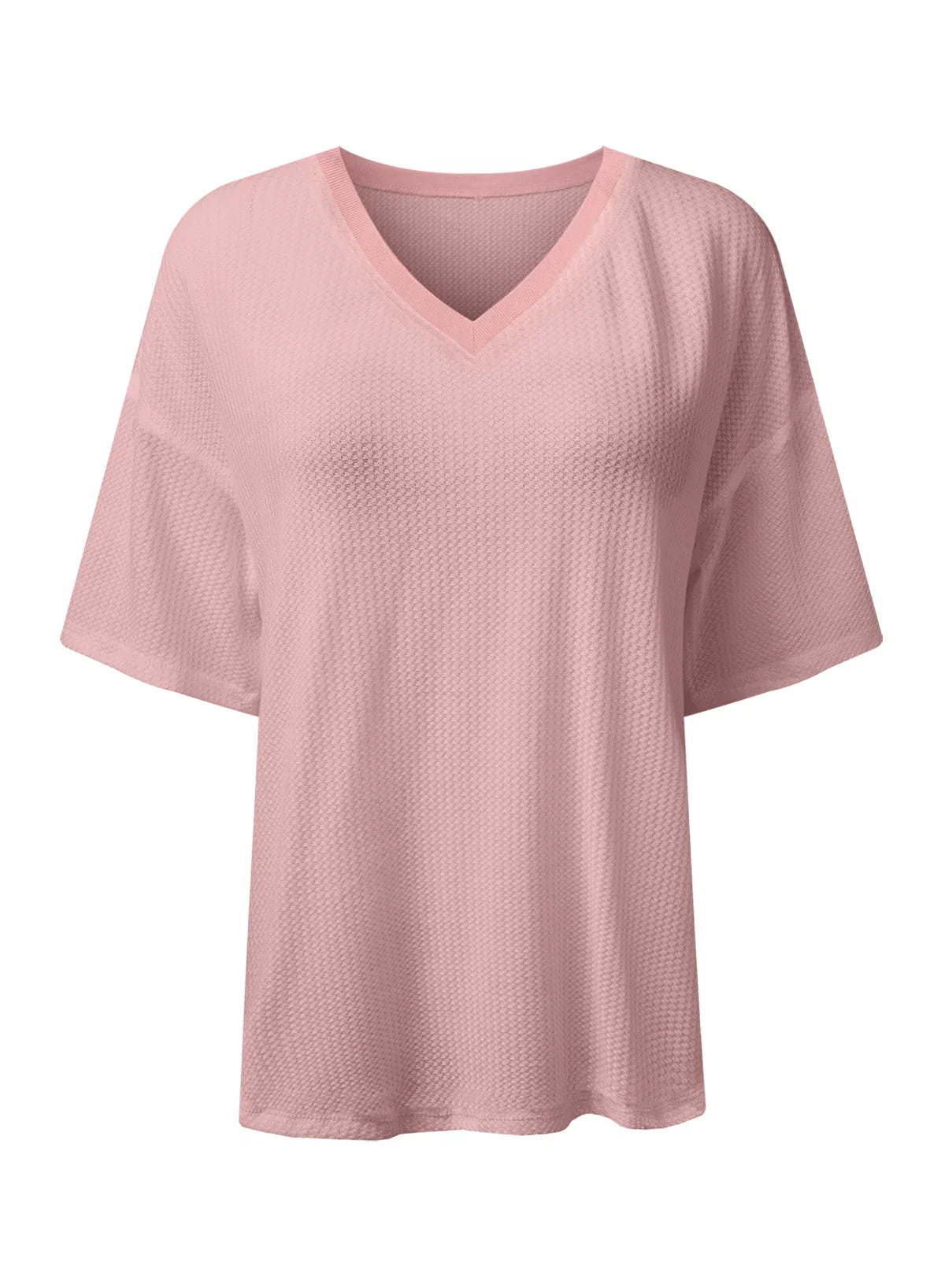 T-shirt ample à col en V et épaules tombantes, texture gaufrée blanche