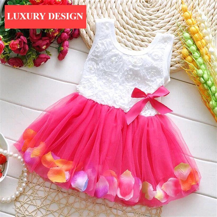 Robe de princesse de luxe moderne faite à la main pour petites filles, motif floral, sans manches, mini tutu, nœud, rose, jaune, rouge, vêtements pour enfants