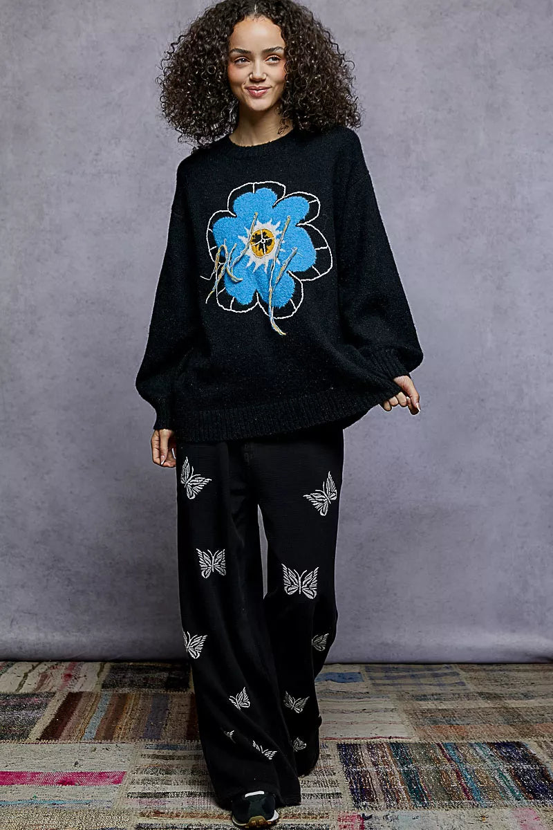 Pull POL à motif floral, col rond, avec surpiqûres apparentes