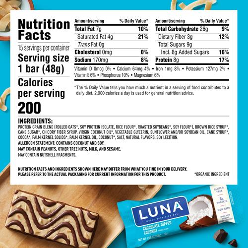Luna Bar - Saveur Noix de Coco enrobée de Chocolat - Barres collation - Sans OGM - Barres protéinées sans gluten - Faites avec de l'avoine biologique (1 unité)