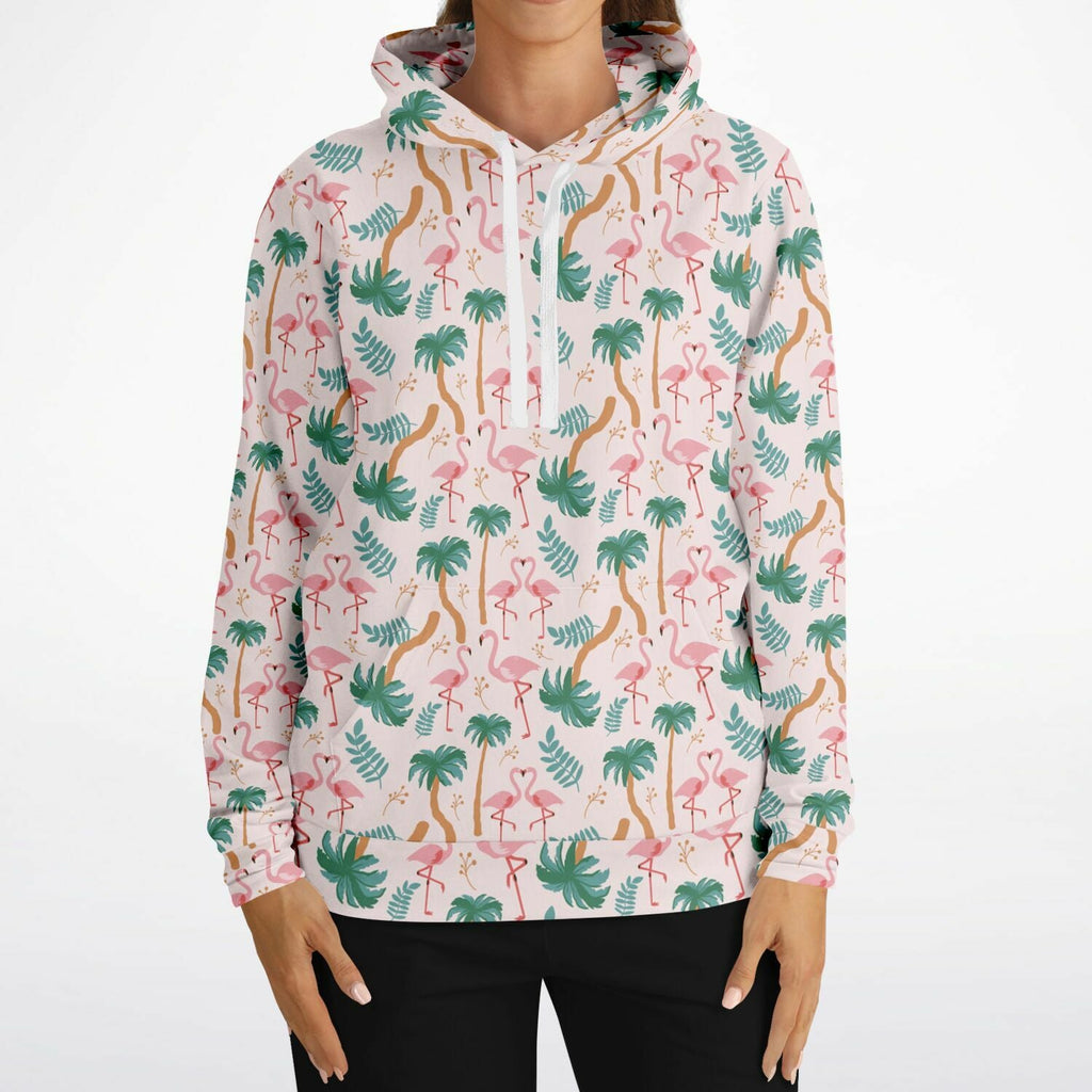 Sweat à capuche motif floral tropical flamant rose