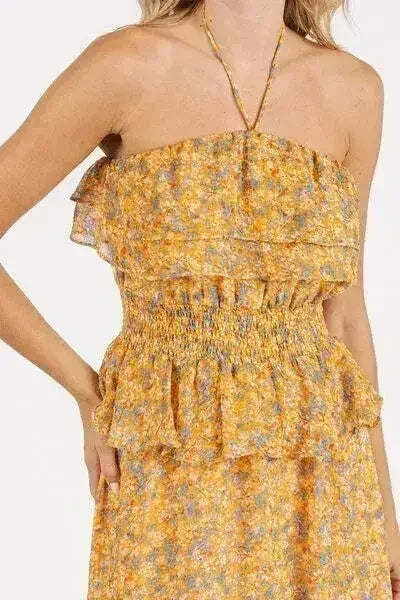 Robe longue à fleurs froncée et à col bénitier Mittoshop