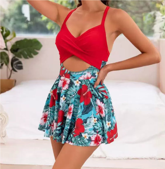 Maillot de bain une pièce ajouré à bretelles pour femme – Coussinets de poitrine intégrés et ourlet jupe
