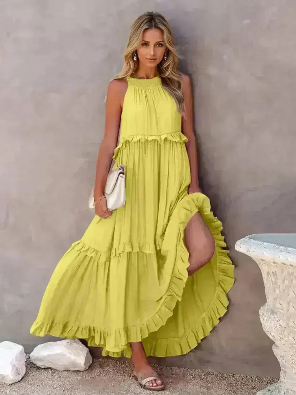 Robe longue étagée sans manches à volants avec poches
