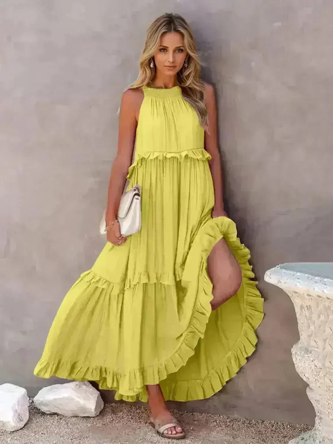 Robe longue étagée sans manches à volants avec poches