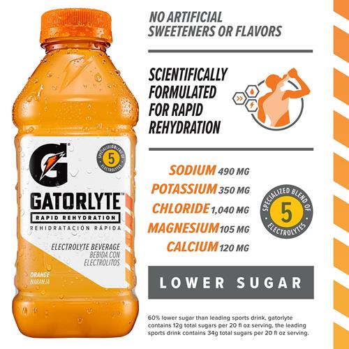 Boisson électrolytique Gatorlyte Rapid Rehydration, saveur orange, bouteille de 5 oz liq.