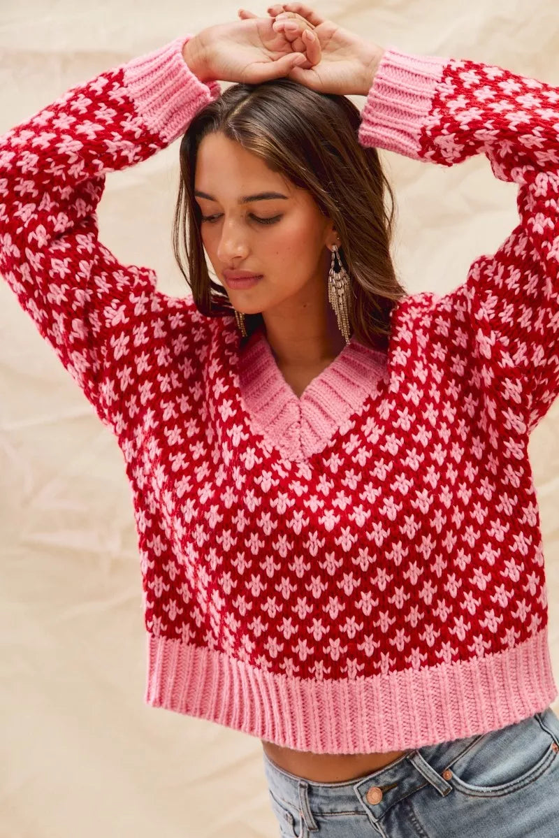 SO ME Pull de Noël texturé à blocs de couleurs avec décolleté en V