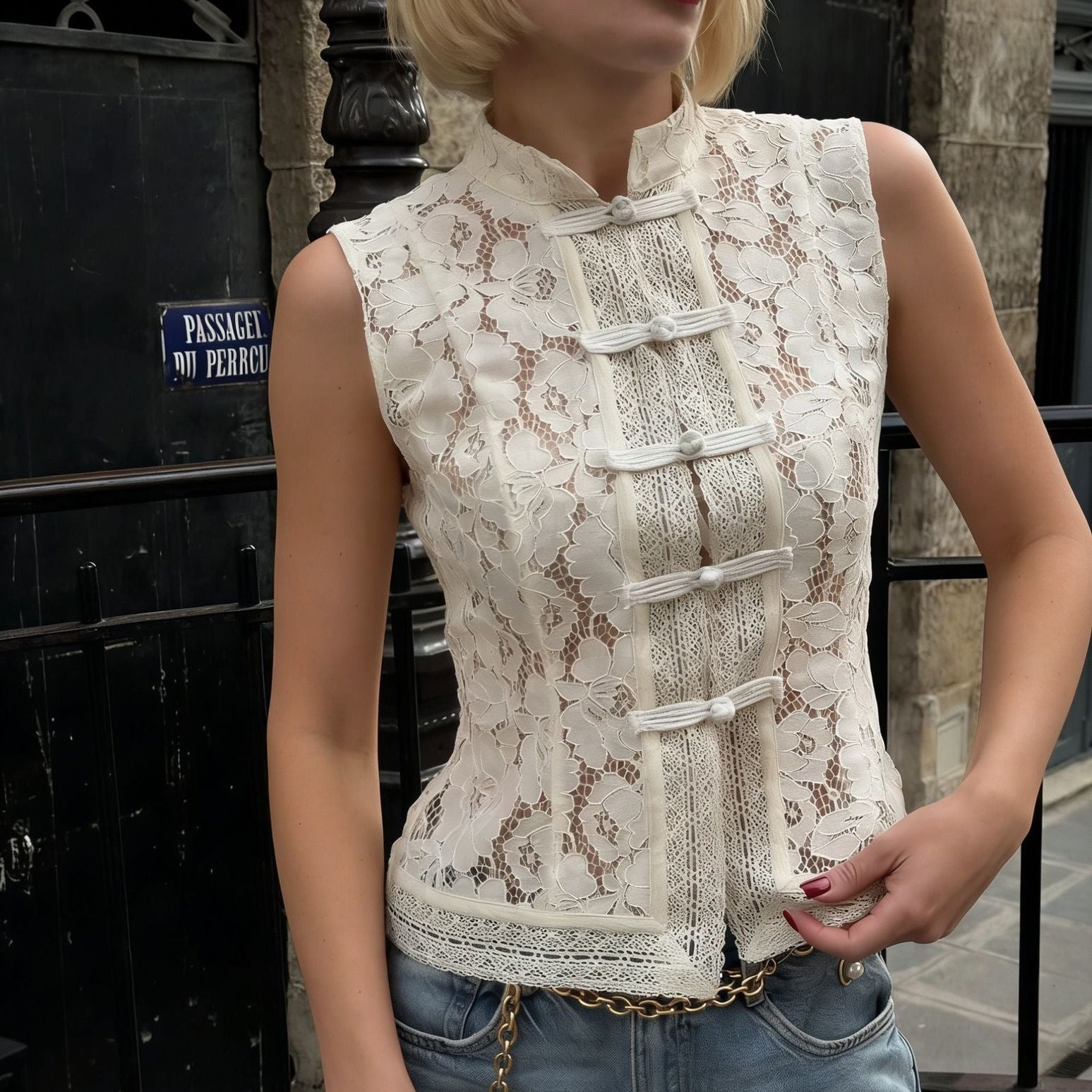 Haut sans manches en crochet et dentelle à col montant, coupe ajustée – 3 couleurs, tailles S-L