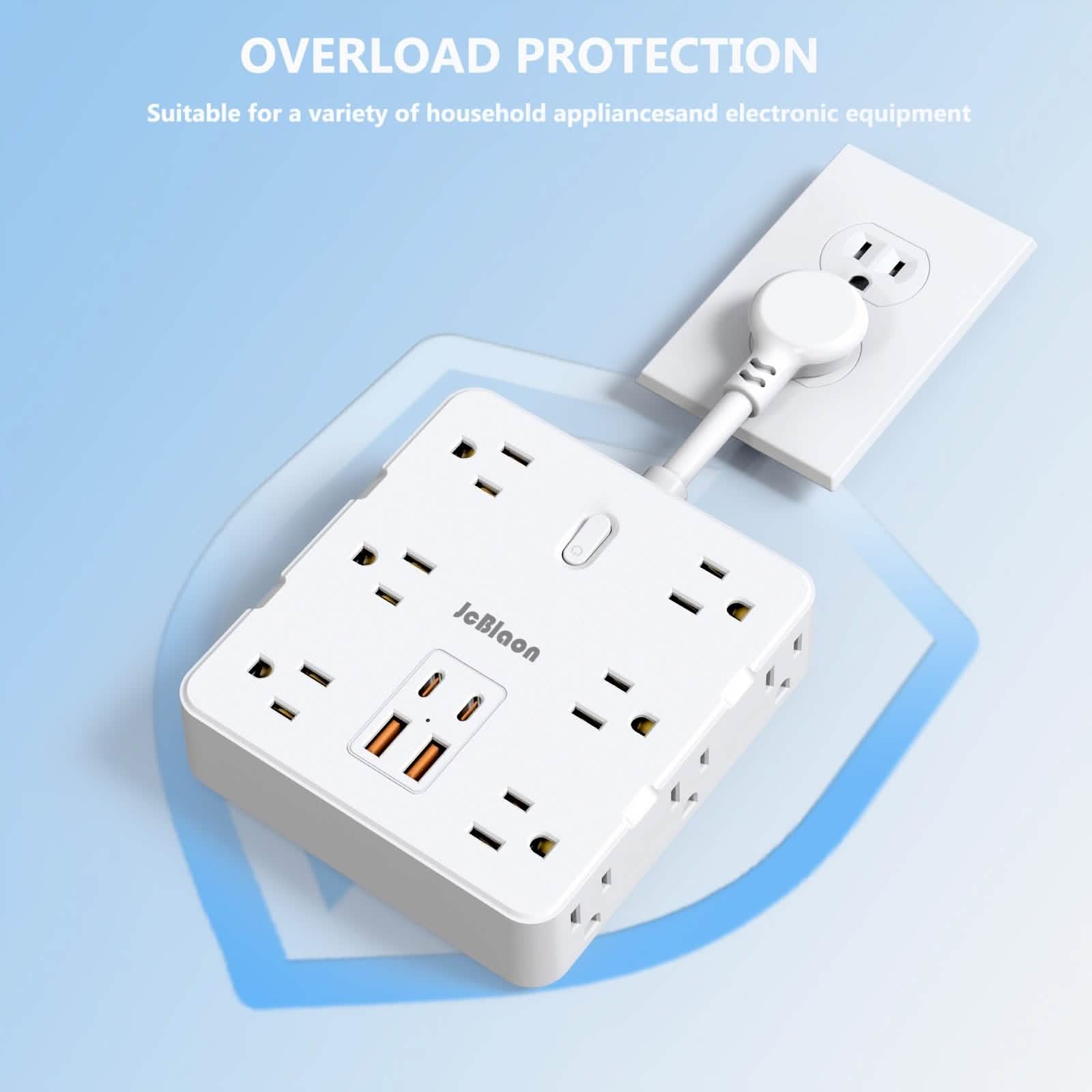 Multiprise 16-en-1 – 12 prises CA et 4 ports USB, blanche