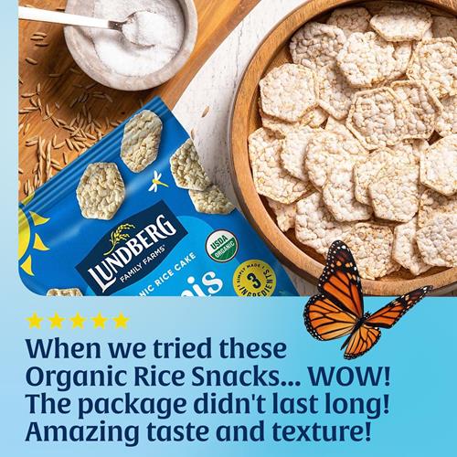 Mini-galettes de riz biologiques Lundberg, sel marin original – Mini-galettes de riz, collations saines pour adultes et enfants, collations végétaliennes, sans gluten, aliments sains pour les petites faims et les trempettes, 142 g