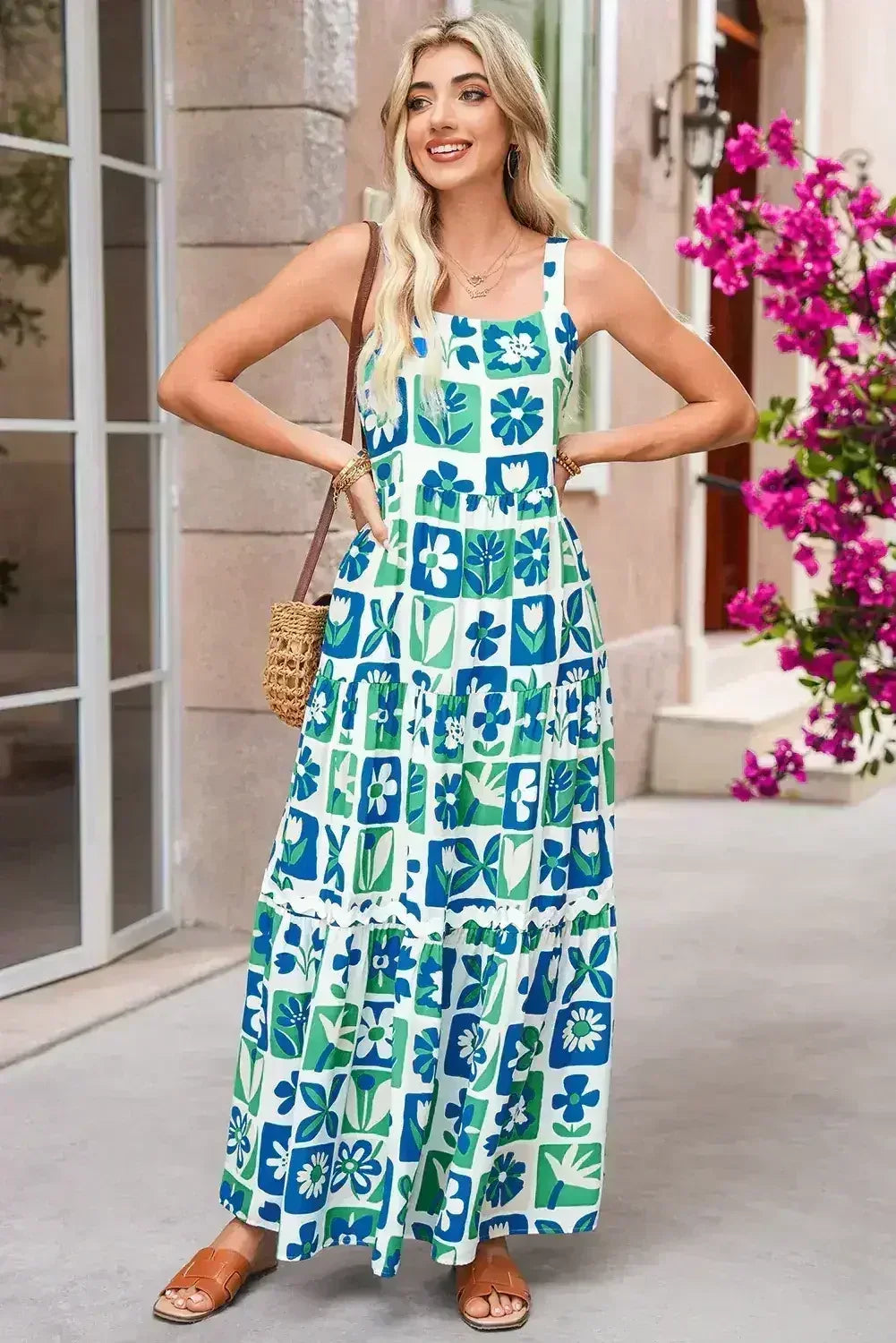 Robe longue multicolore bohème à carreaux fleuris