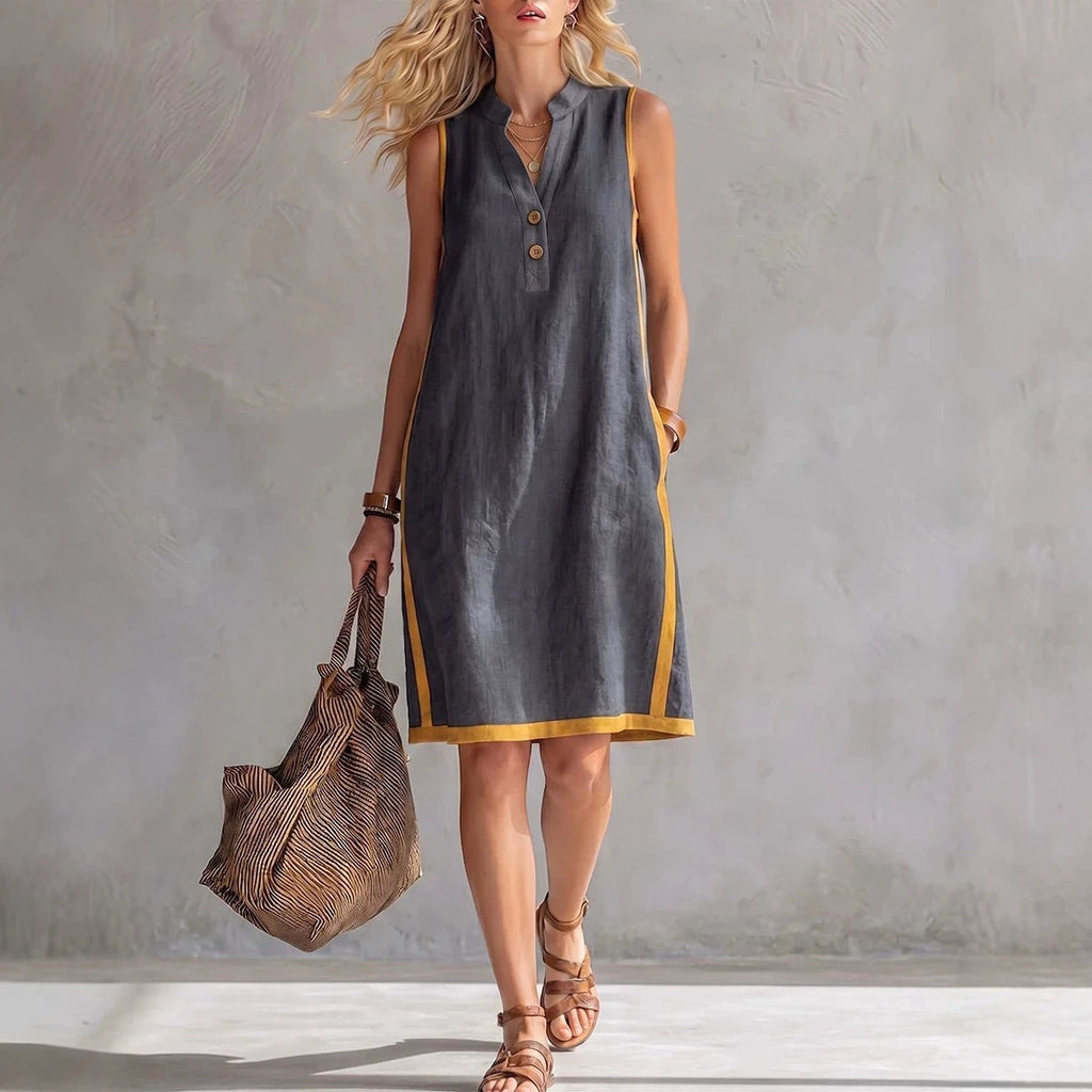Robe midi trapèze sans manches à col en V et boutonnée avec poches pour femme