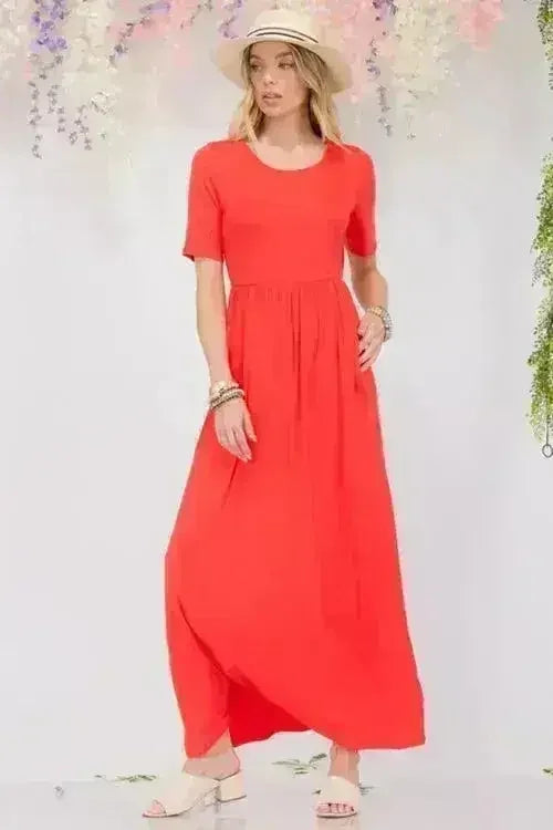 Robe longue à manches courtes et col rond avec poches grande taille - Femstylo