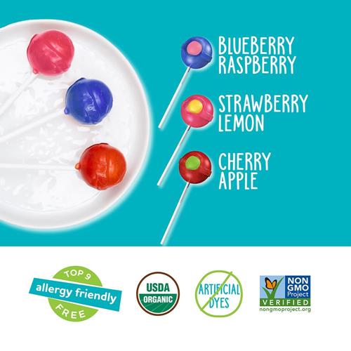 Yumearth Sucettes biologiques Duo Pops, sucettes avec centre moelleux aux fruits - Hypoallergénique (sans les 9 allergènes majeurs), sans colorants ni arômes artificiels, sans OGM, sans gluten, bonbons végétaliens - 20 sucettes emballées individuellement