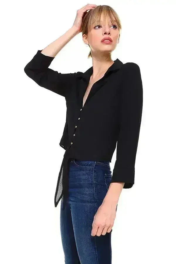 Blouse boutonnée à nouer devant unie | Femstylo