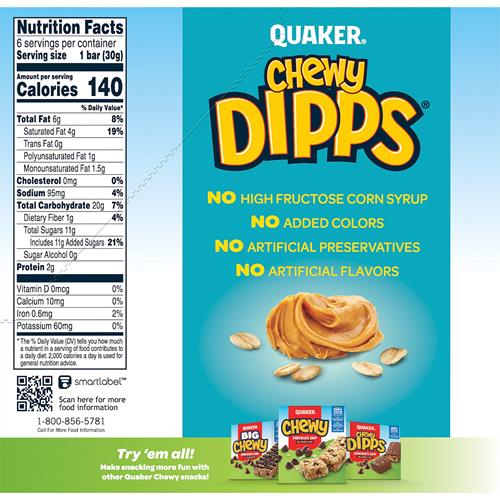 Barres tendres à la saveur de beurre d'arachide enrobées de chocolat de marque Quaker Chewy, 29,7 g, 6 un.