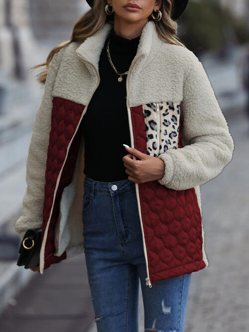 Veste zippée unique à imprimé léopard et blocs de couleur pour l'automne, Veste légère tendance avec poches, Charmante veste d'hiver