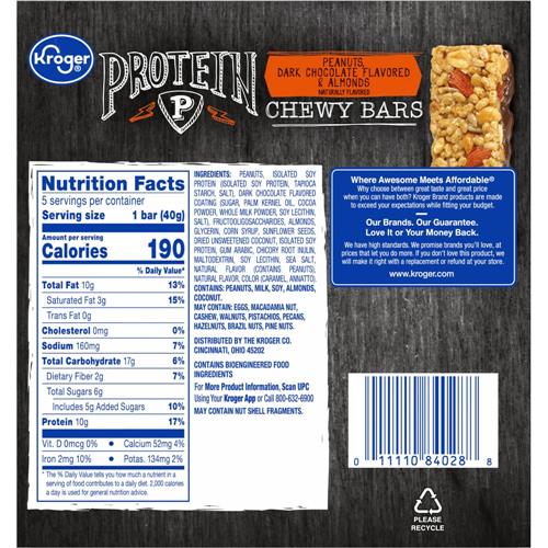 Barres tendres aux arachides et aux amandes enrobées de chocolat noir Kroger 5 unités