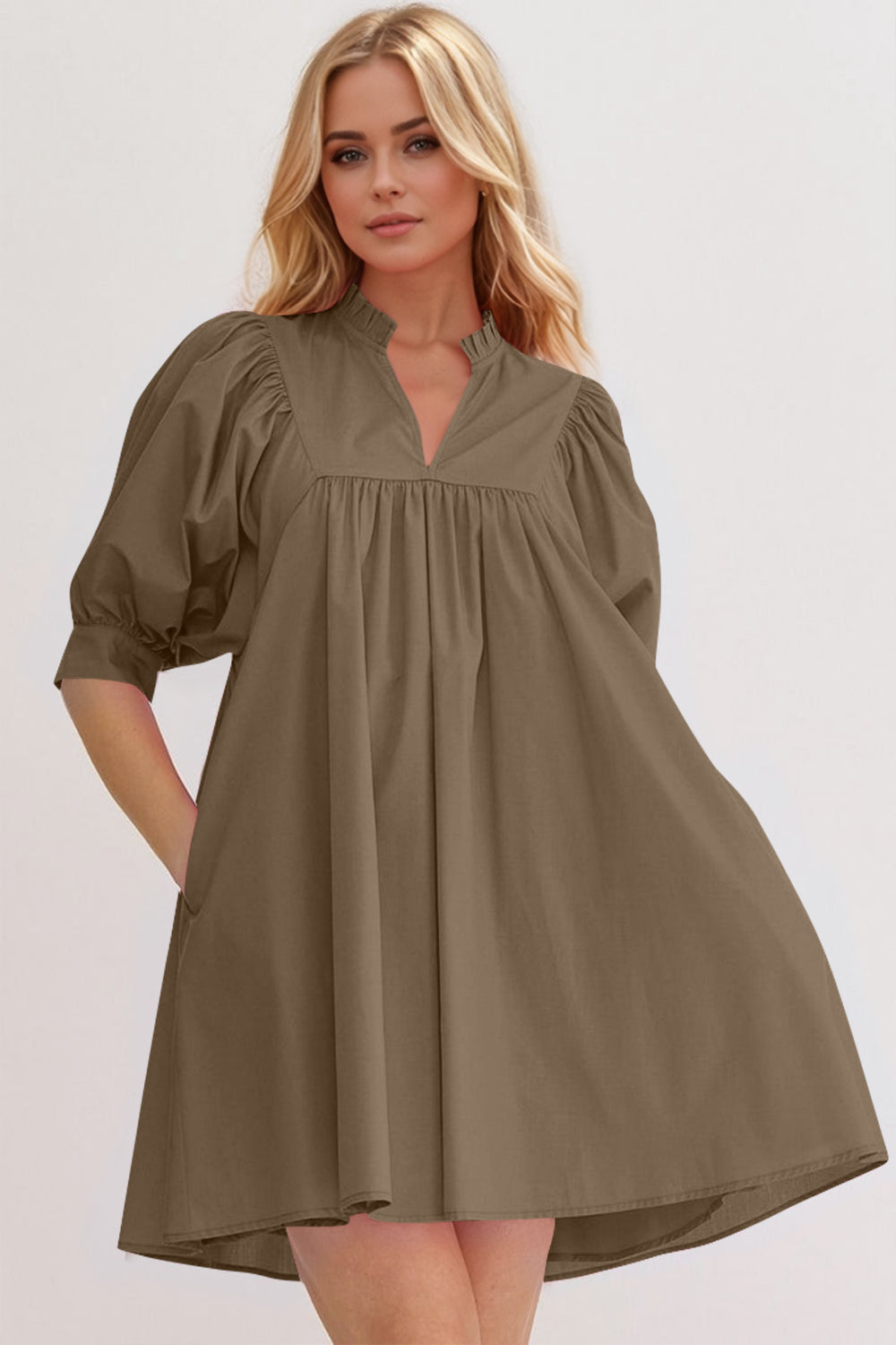 Mini-robe rose à manches bouffantes Robe décontractée et féminine pour femme Robe d'été simple et classique