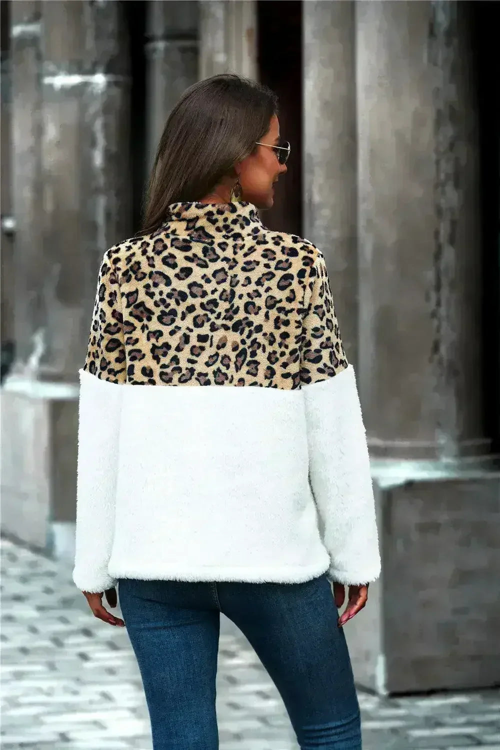 Sweat-shirt Teddy demi-zip imprimé léopard pour femme | Femstylo