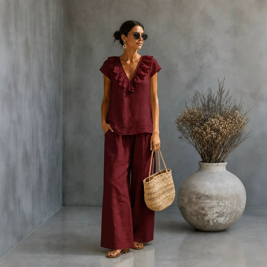 Ensemble deux pièces pour femme : haut à encolure en V et ourlet à volants et pantalon large