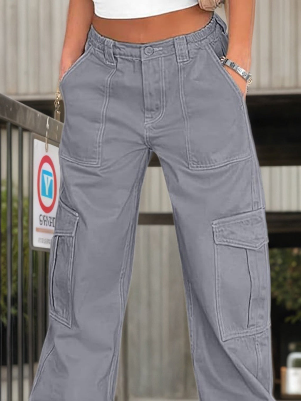 Pantalon de travail taille haute pour femme - Pantalon cargo décontracté à jambes larges
