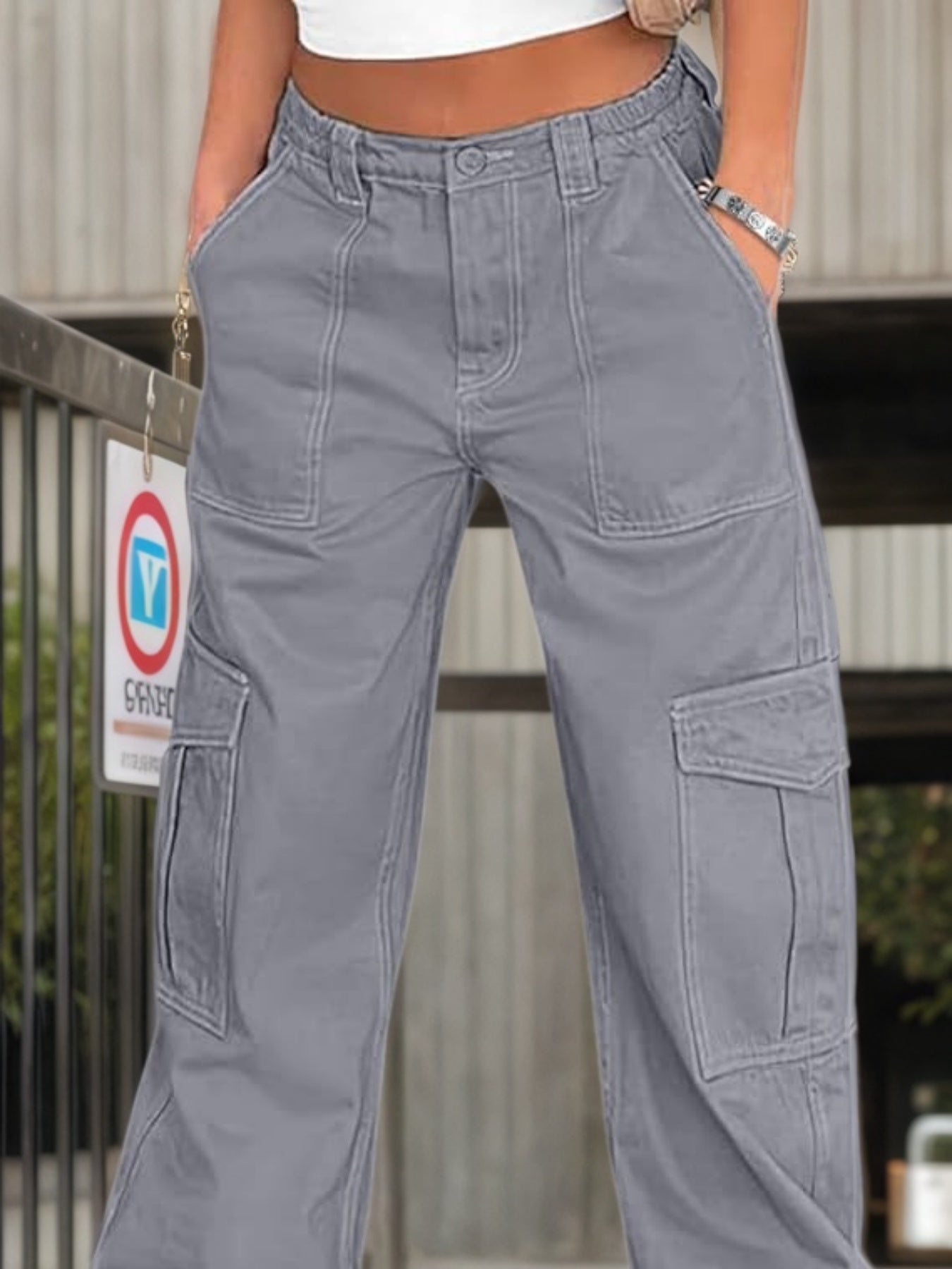 Pantalon de travail taille haute pour femme - Pantalon cargo décontracté à jambes larges