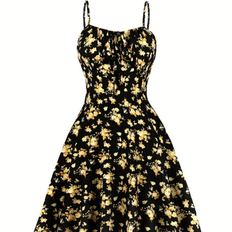 Robe longue dos nu à nouer, motif floral – Noir et bleu, tailles S-XXL
