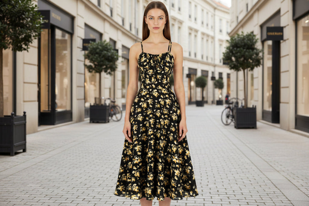 Robe longue dos nu à nouer, motif floral – Noir et bleu, tailles S-XXL