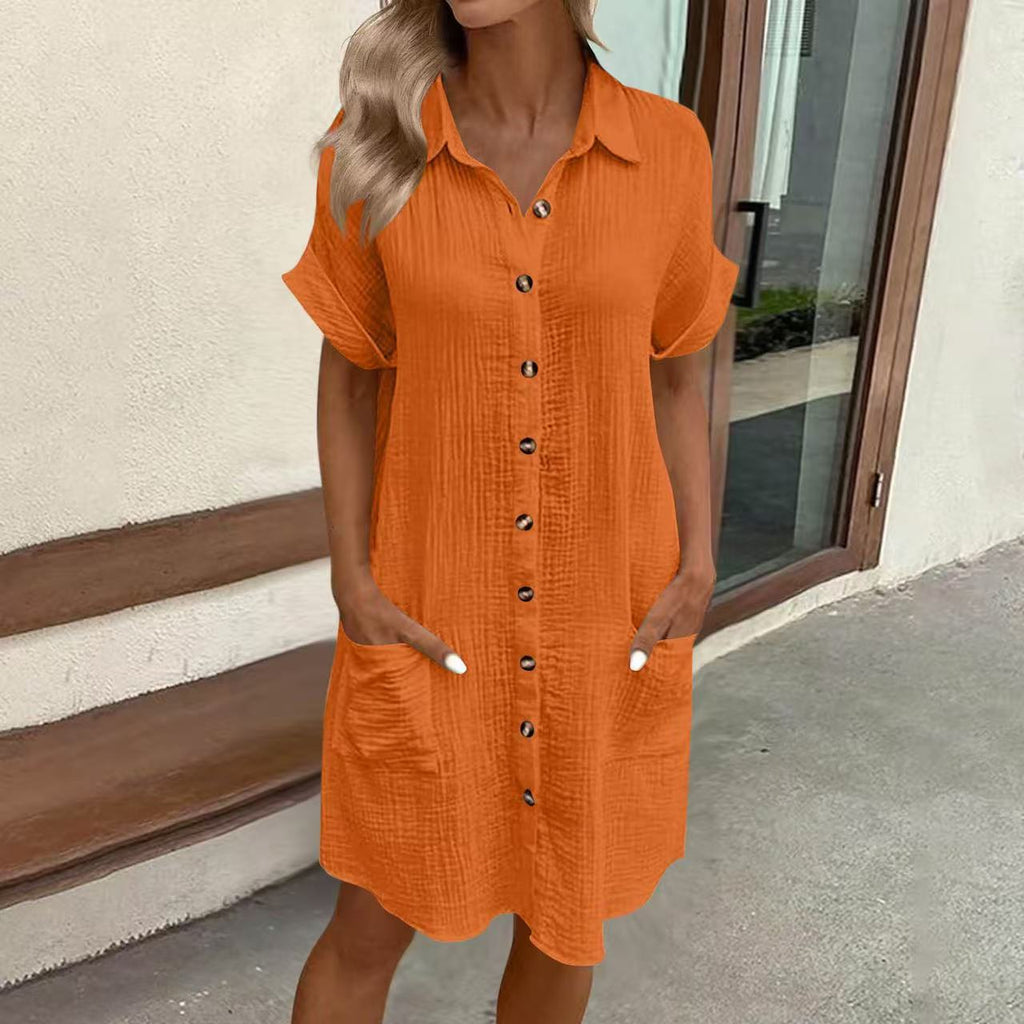 Robe Chemise Midi Décontractée ample à Manches Courtes pour Femme – Boutonnée