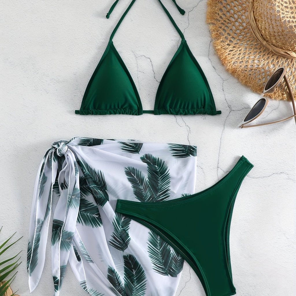 Ensemble bikini 3 pièces Feather Luxe – Maillot de bain dos nu à col licou avec imprimé plume exotique, bas de maillot taille haute à nouer et paréo – Maillot de bain extensible et confortable pour femme, idéal pour la plage et la piscine en été