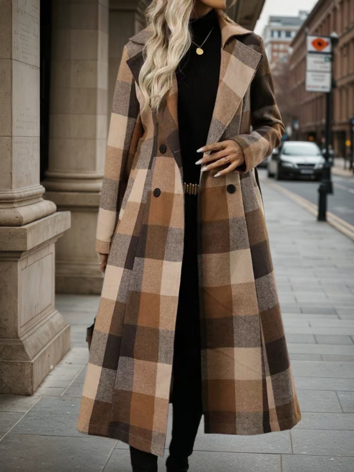 Manteau croisé en laine à revers pour femme - Longue veste coupe-vent à lacets