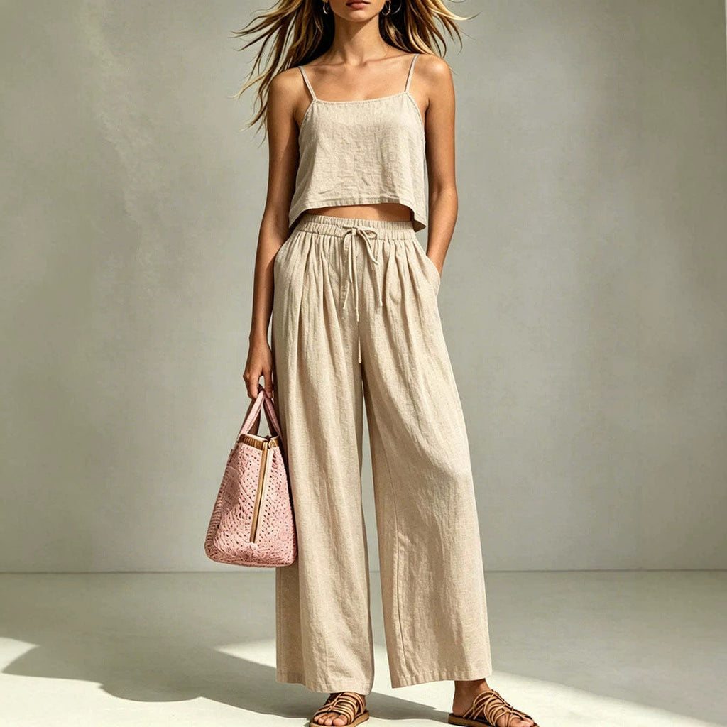 Ensemble deux pièces caraco et pantalon ample pour femme – Été décontracté