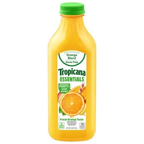 Tropicana Essentials Mélange de jus d'orange 100 % pur jus, avec pulpe, calcium + vitamines C, D, E, sans sucre ajouté, bouteille de 1,36 litre