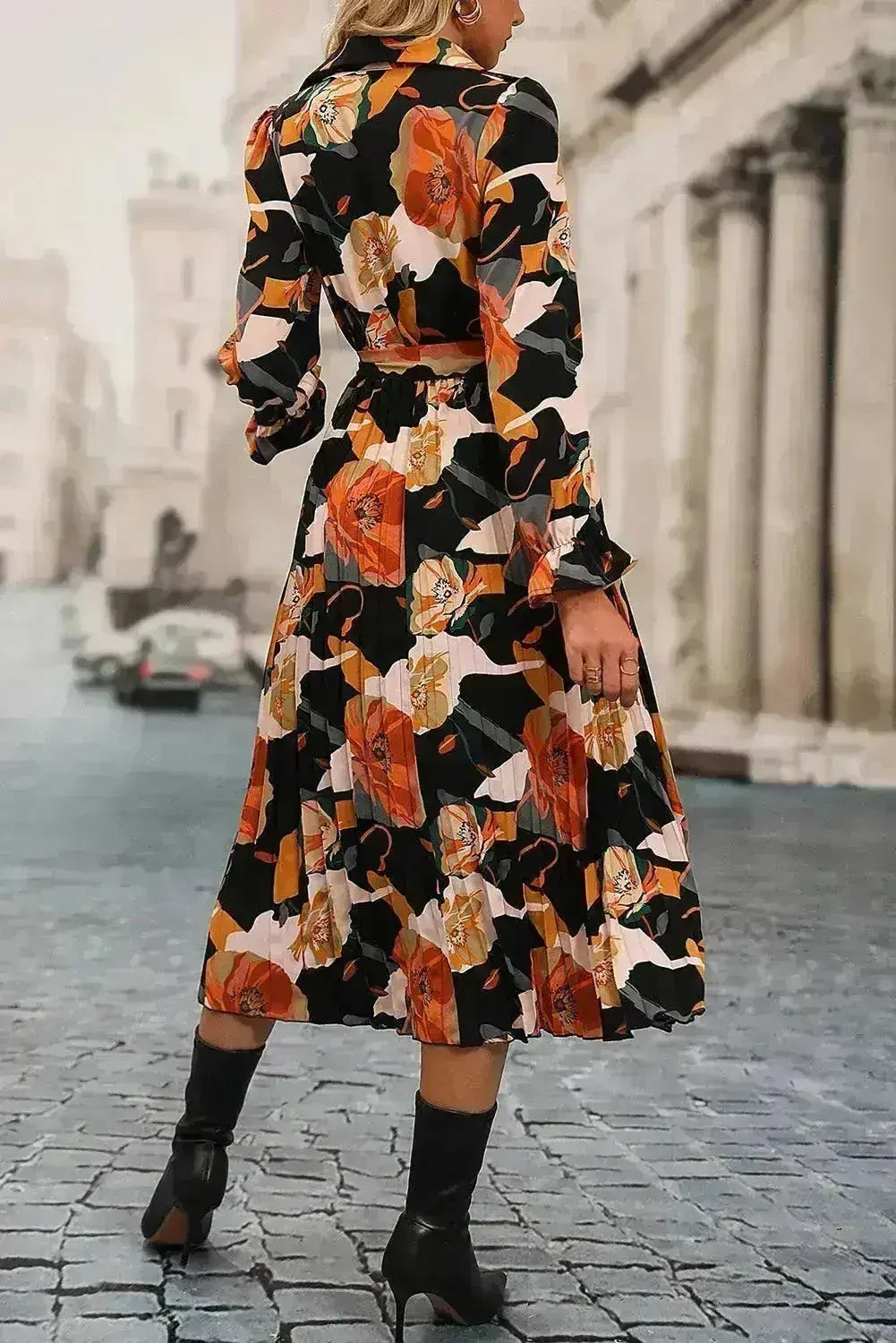 Robe chemise plissée florale - Robe midi à nouer à la taille | Femstylo