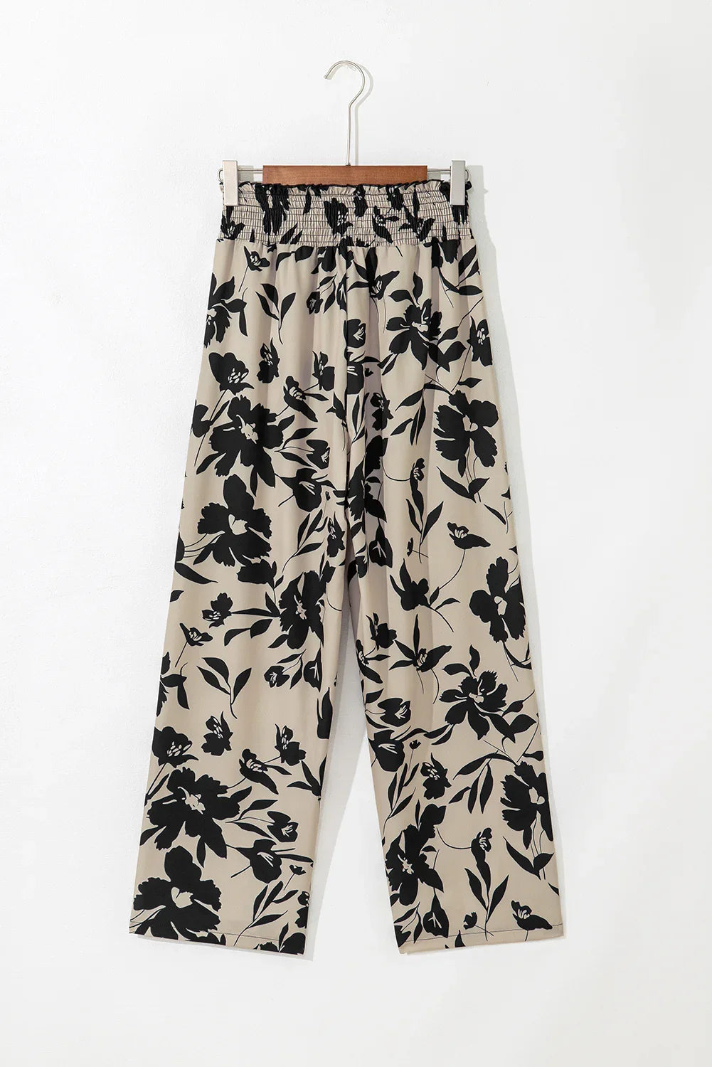 Pantalon ample bleu floral smocké à volants à la taille